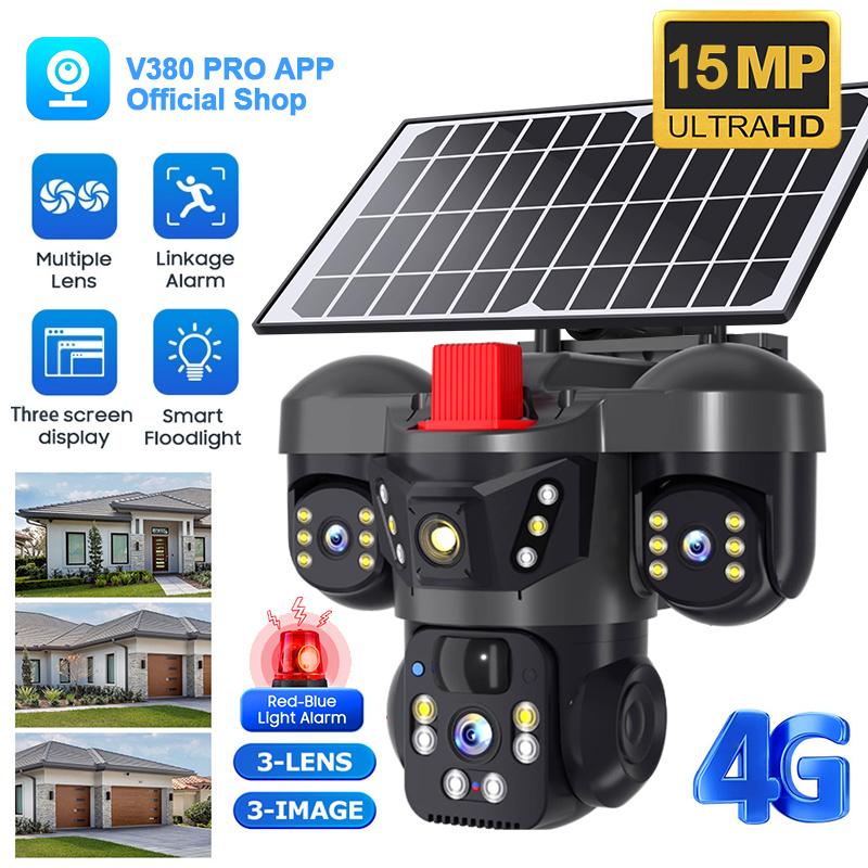 

V380 PRO Сонячна Камера Зовнішня Водонепроникна Триоб єктивна Камера HD 15MP 4G CCTV IP66 Водонепроникний Двосторонній Зв язок Нічне Бачення Автоматичне Відстеження Камера Безпеки camera+128GB