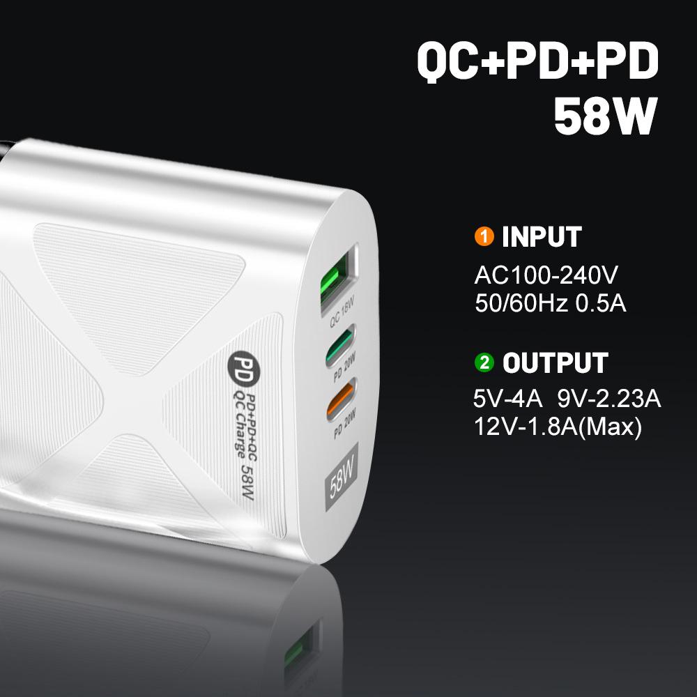 58W Dual Fast Charger with 2PD+QC3.0, EU/US/UK/AU Plugs