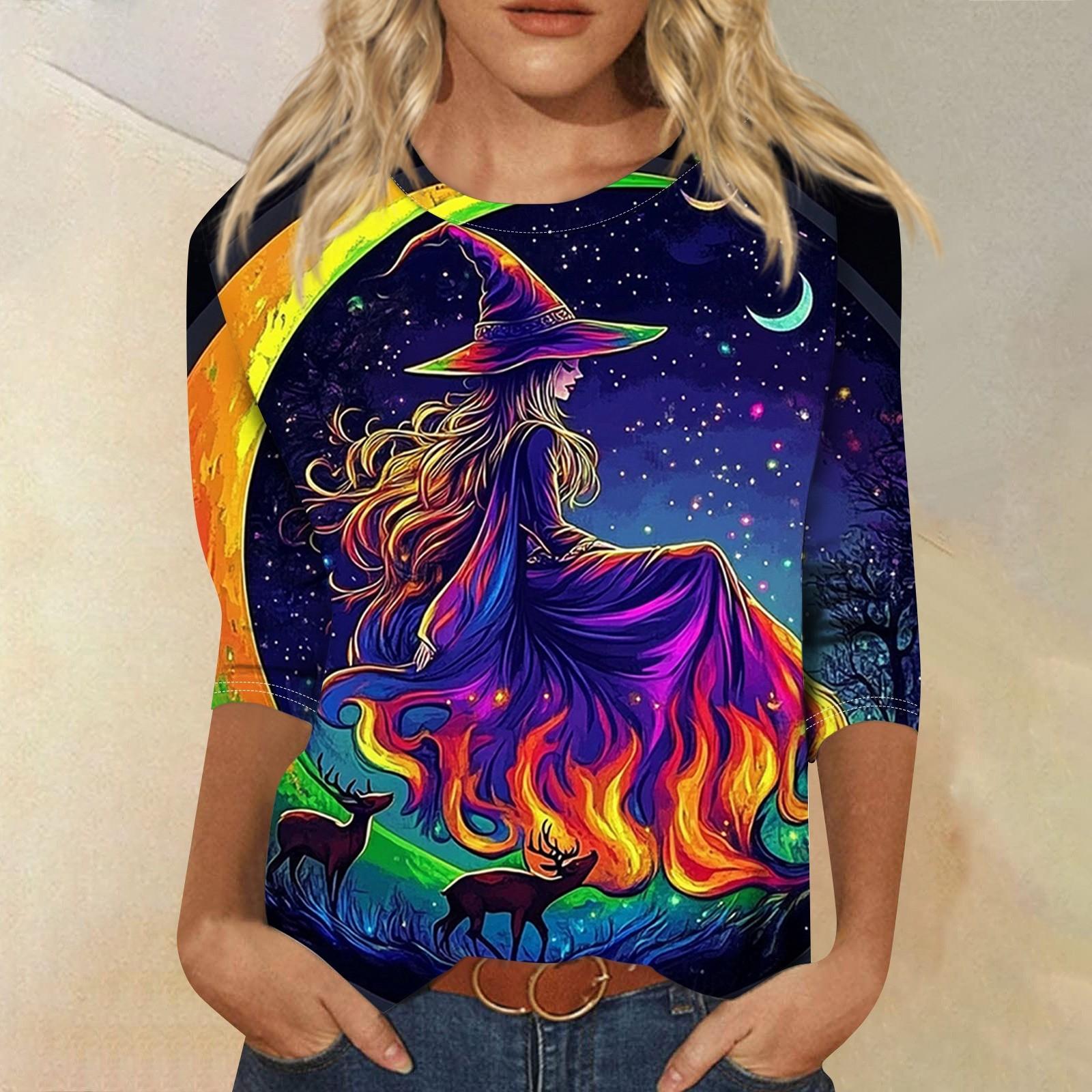 

Женская модная повседневная футболка с рукавом три четверти и принтом на Хэллоуин, с круглым вырезом XXXXL