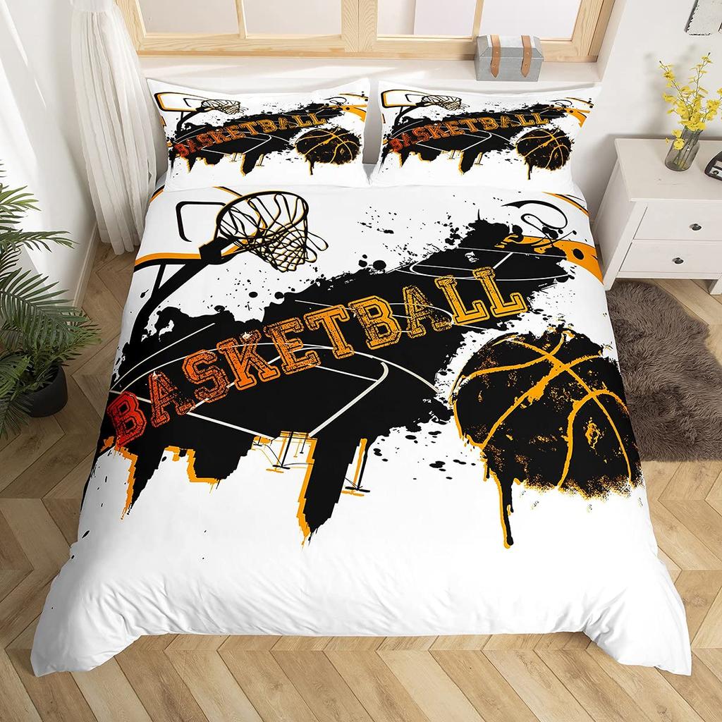 Basketball Duvet Cover Set Queen,Sports Gaming Comforter Cover For Boys Girls,Black Graffiti Bedding Set Sports Bedspread Cover