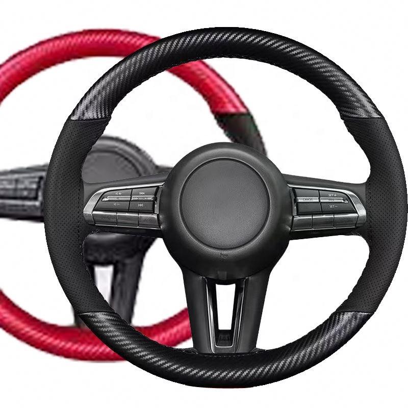 Sports Popular 4-Spoke 38cm Anti-Slip Suede Universal Car Steering Wheel Cover Hand Sewn Needle Thread Protector Fiber Leather