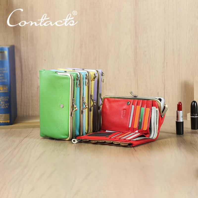 CONTACT'S Genuine Leather Fashion  Long Wallet Women Colorful Coin Pocket with Photo Slot Soft Female Purse Wallets
