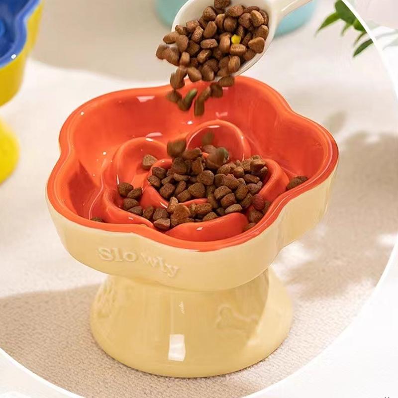 Creative Ceramic Drinking Water Food Tall footed Pet Bowls Anti Overturning Neck Protection Slow Food Anti Choking Cat Bowl, 1Pc