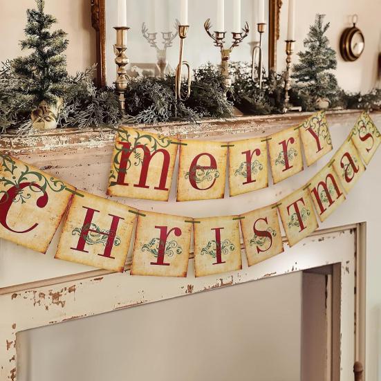 Yousheng Vintage Merry Christmas Banner Retro Nostalgic Christmas Garland Decoration for Indoor Home Office Wall Window Door Fireplace Mantle Xmas