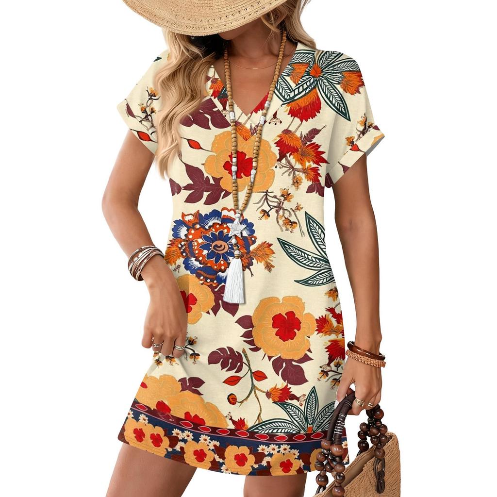 Short Sleeve Women's Dress Casual Dresses With Pockets V Neck Vocation Boho Beach Sundress