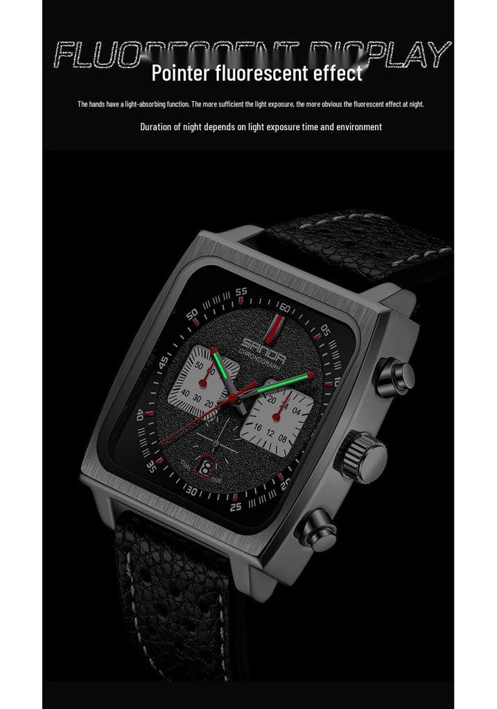 Sanda Men's Chronograph Quartz Watch: Square Dial, Three Eyes, Six Hands, Luminous, Calendar, Waterproof.