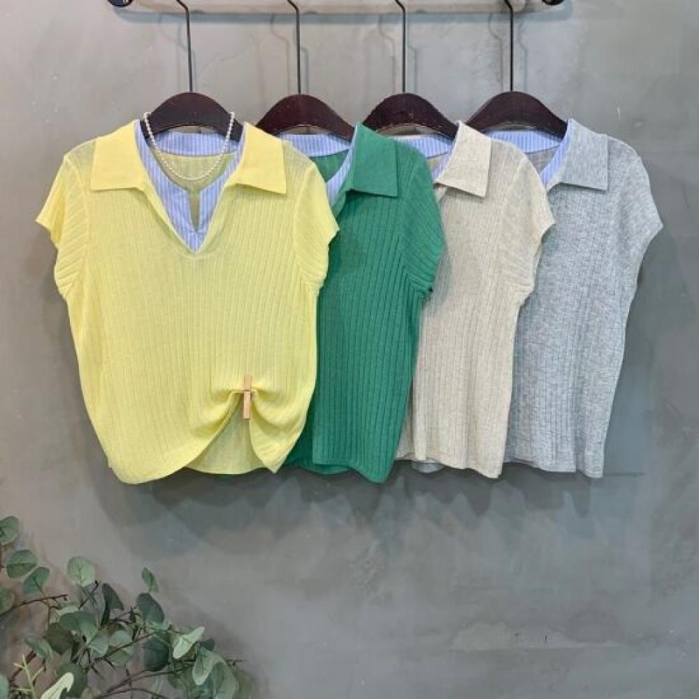 C S In The Room Layered Shirt Open Collar Cap Sleeve Knit 4Color