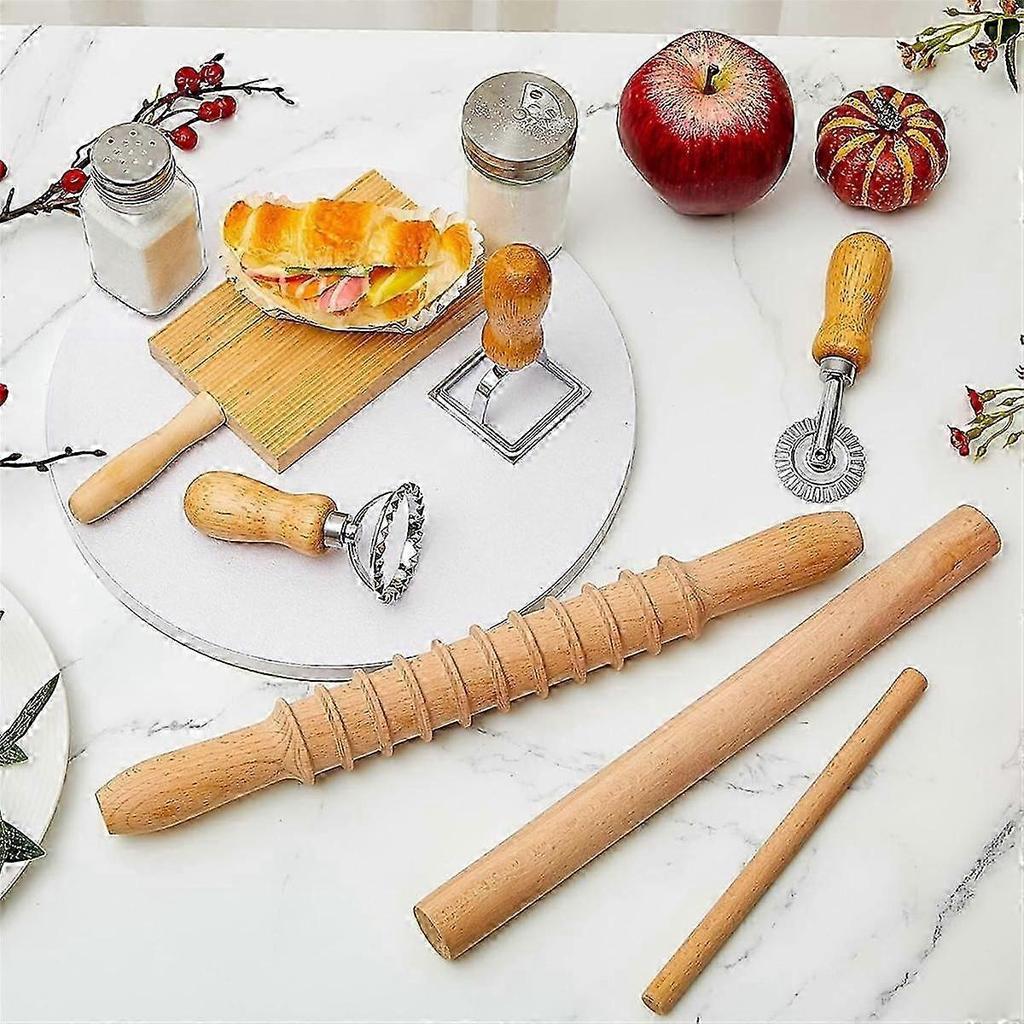7 Pcs Pasta Making Tool, Wood Gnocchi Board with Ravioli Stamp and Rolling Pin Set, Pasta Maker for