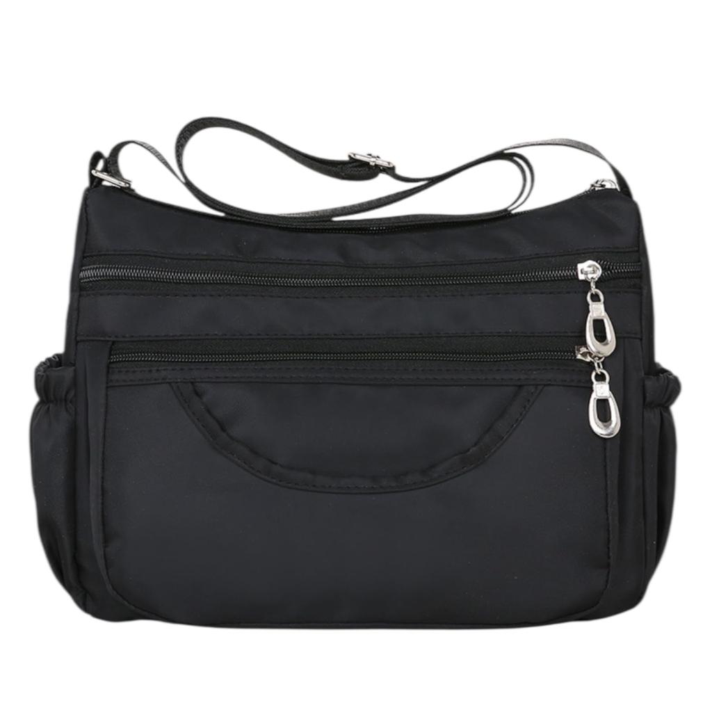 Nylon shoulder bag with multiple pockets, fits a 500ml water bottle, unisex, spacious, horizontal design, lightweight, large capacity, wide gusset,