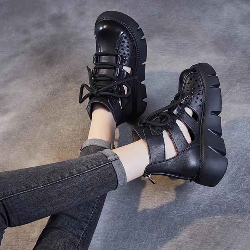 Nuevas sandalias de plataforma retro hechas a mano para mujer, de piel sintética, con cuñas Baotou huecas, zapatos de gladiador con cremallera trasera, suela gruesa, botas geniales
