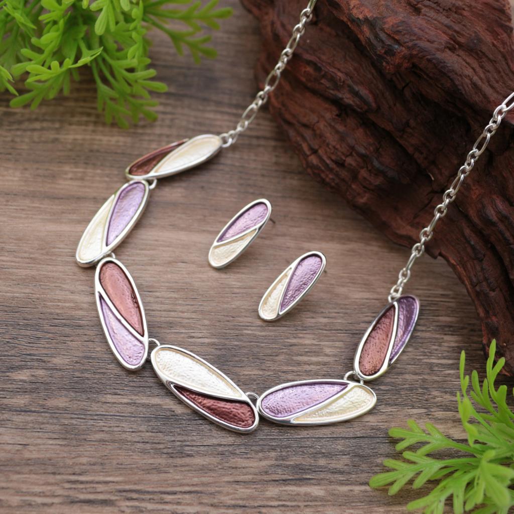 Neues Emaille Pferdeaugen Blütenblatt Ohrstecker Halsketten Set, Damen einfache und hochwertige ovale Halskette.