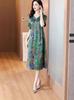 Thirteen Rows Women's Satin Print Casual Dress, Slimming Fit for Middle-Aged Moms, Short Sleeve