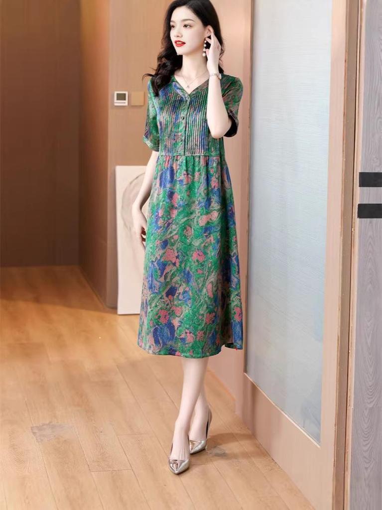 Thirteen Rows Women's Satin Print Casual Dress, Slimming Fit for Middle-Aged Moms, Short Sleeve