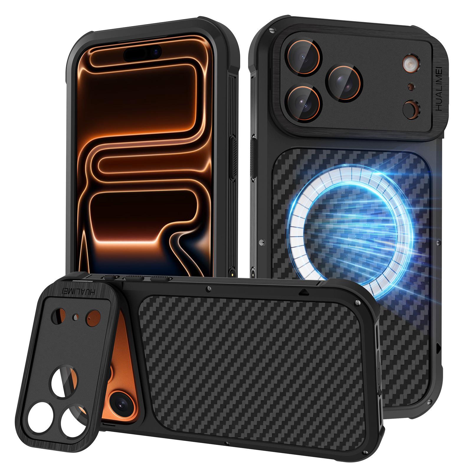 

iPhone 17 Pro Max Carbon Fiber Protective Case with Magnetic Stand and Lens Cover iPhone 17 Pro Max