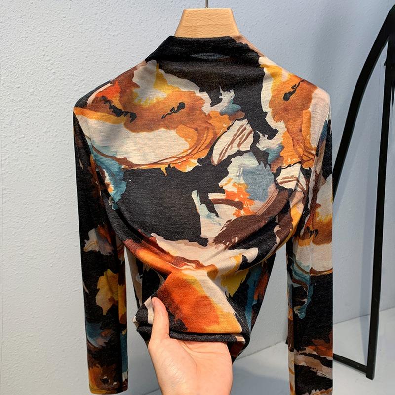 

Женская базовая рубашка с полувысоким воротником, новая женская одежда, рубашка с ретро-принтом, темпераментная, с талией, топ 2XL