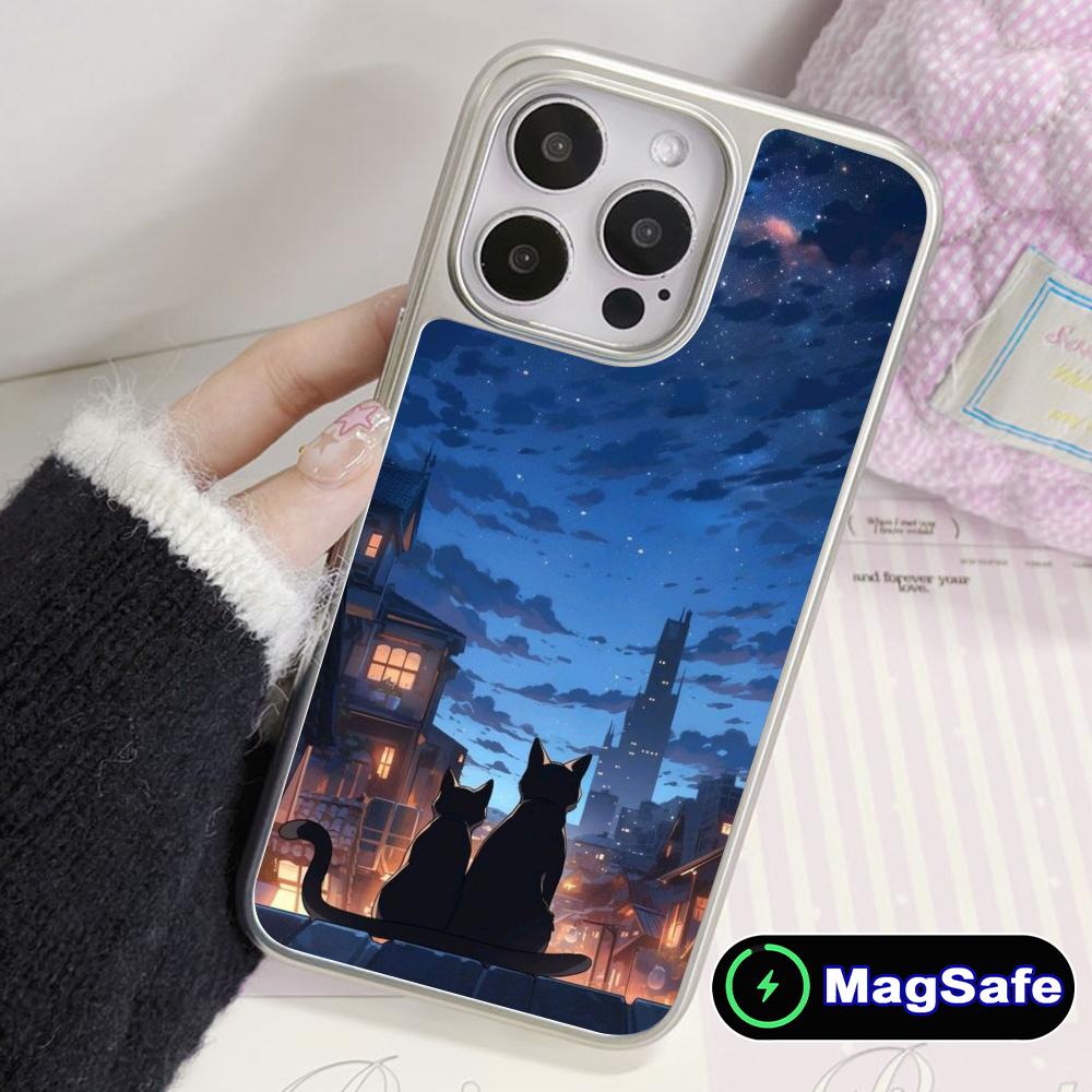 Luna Mond Katze Handyhülle für iPhone 17 16 15 14 13 12 11 Air Pro Max Plus Magsafe Silberbeschichtung Bunte Hülle Luxus