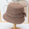 Retro thousand bird grid short brim basin hat women's autumn elegant bow bucket hat British versatile face hat