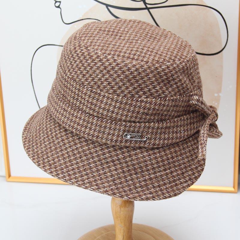 Retro thousand bird grid short brim basin hat women's autumn elegant bow bucket hat British versatile face hat
