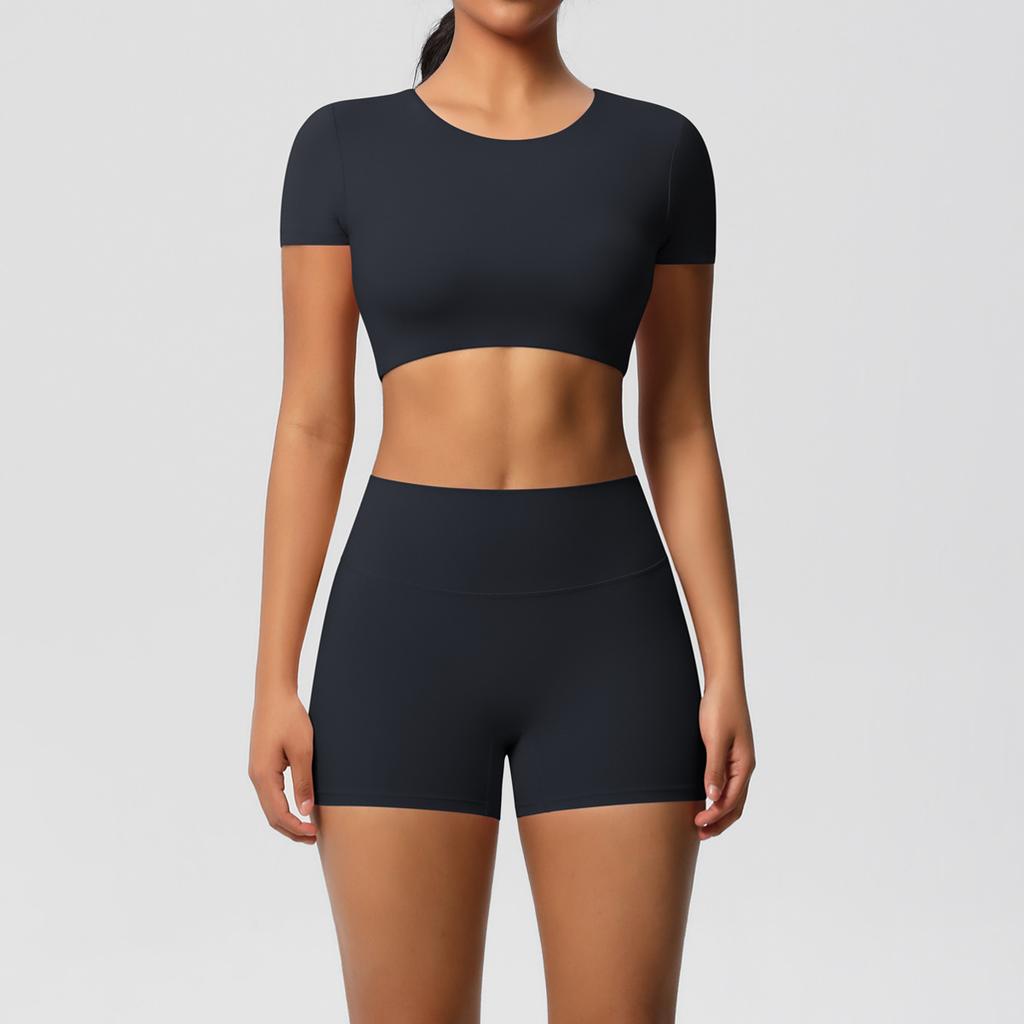 Spot Solid Color Double-sided Abraded Chest Yoga Suit, Running Sports Fitness Suit, Short Two-piece Set for Women