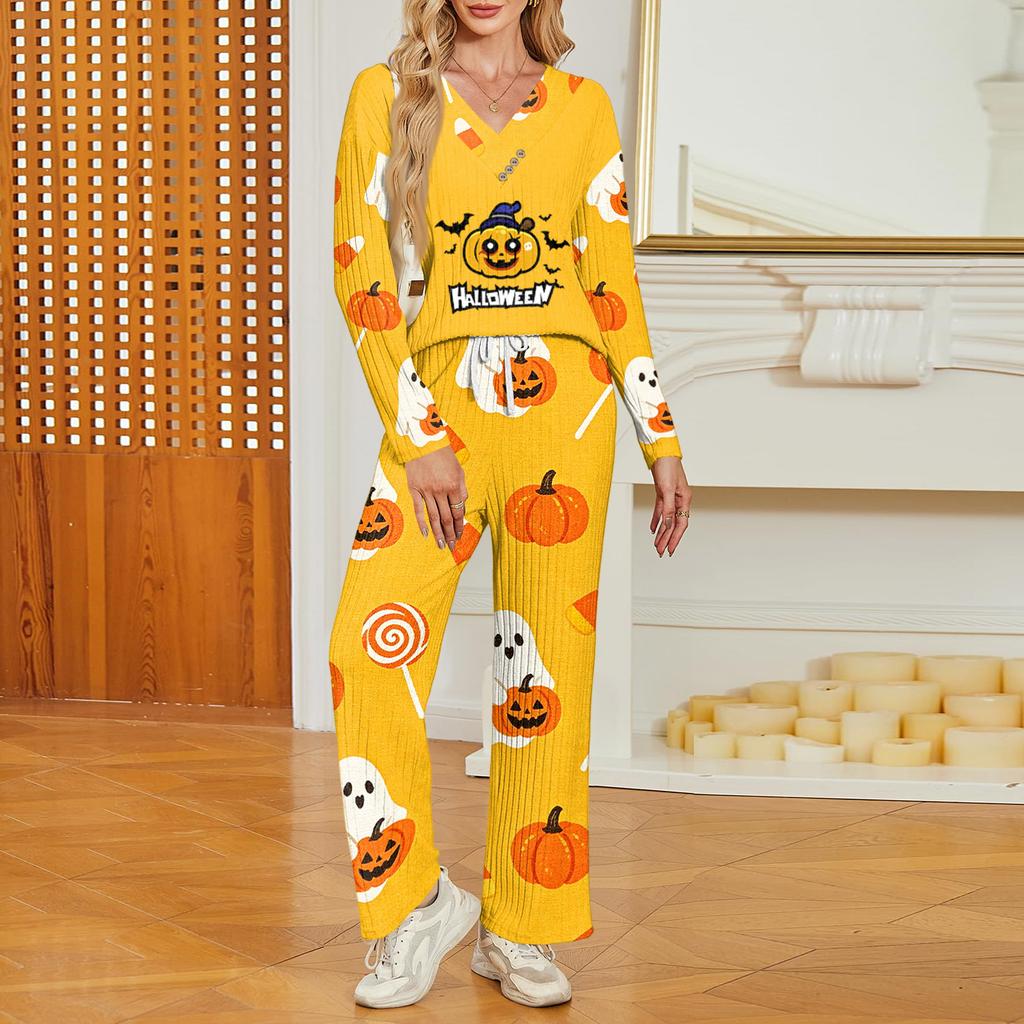 Women's Halloween Print Long Sleeve V-Neck Loose Fit Pajama Set with Pockets