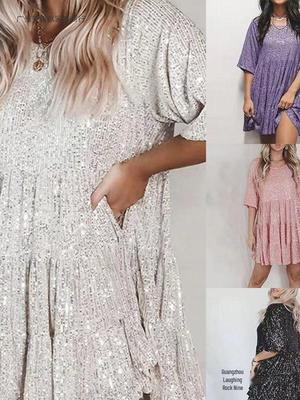 New Style Solid Color Sequin Evening Gown - Round Neck, Loose Waist, Short Sleeve.