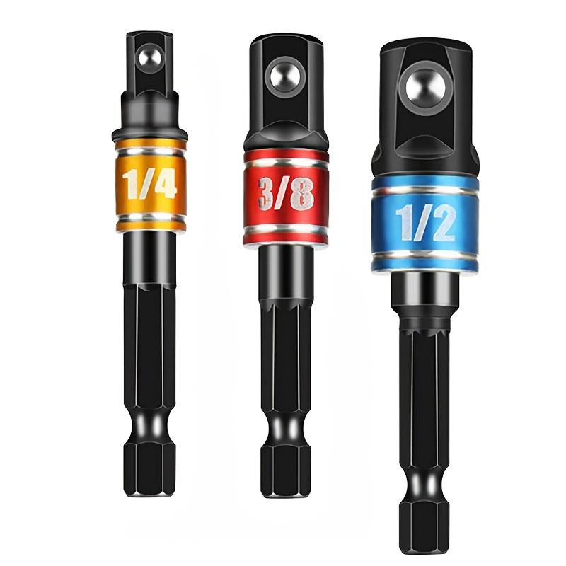 [Durable Adapters] 3pcs Durable Alloy Color-Coded Impact Socket Adapters - 1/4", 3/8", 1/2" Hex | Compatible with Cordless Drills, Square Drill Bits