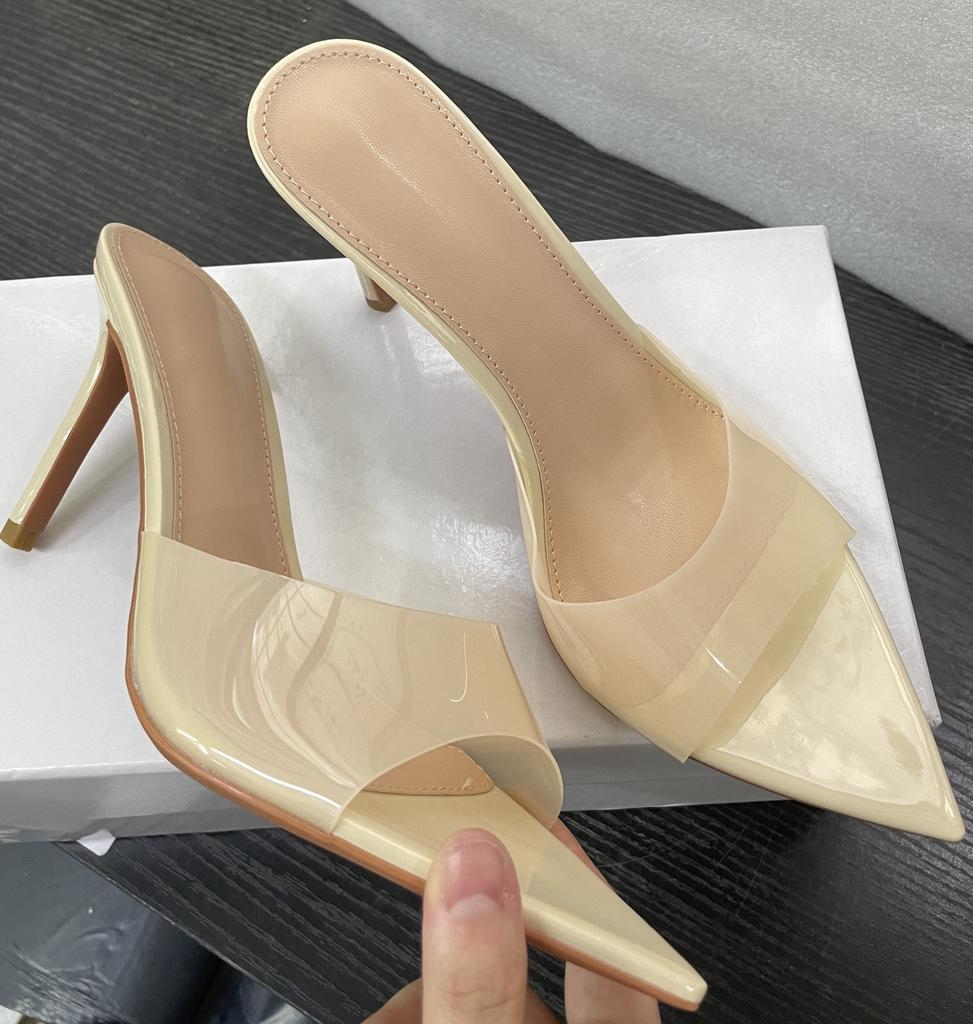 WO Huizhou new European and American women's shoes simple nude transparent one-word high heels thin heels pointed not tired feet versatile
