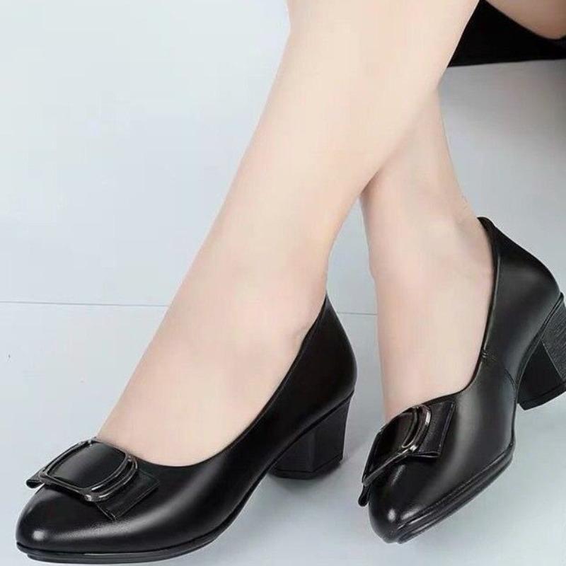 Shoes Autumn New Medium Heel Single Shoes Soft Leather Soft Sole Non-slip Comfortable Versatile Women's Leather Shoes Medium Women's Shoes