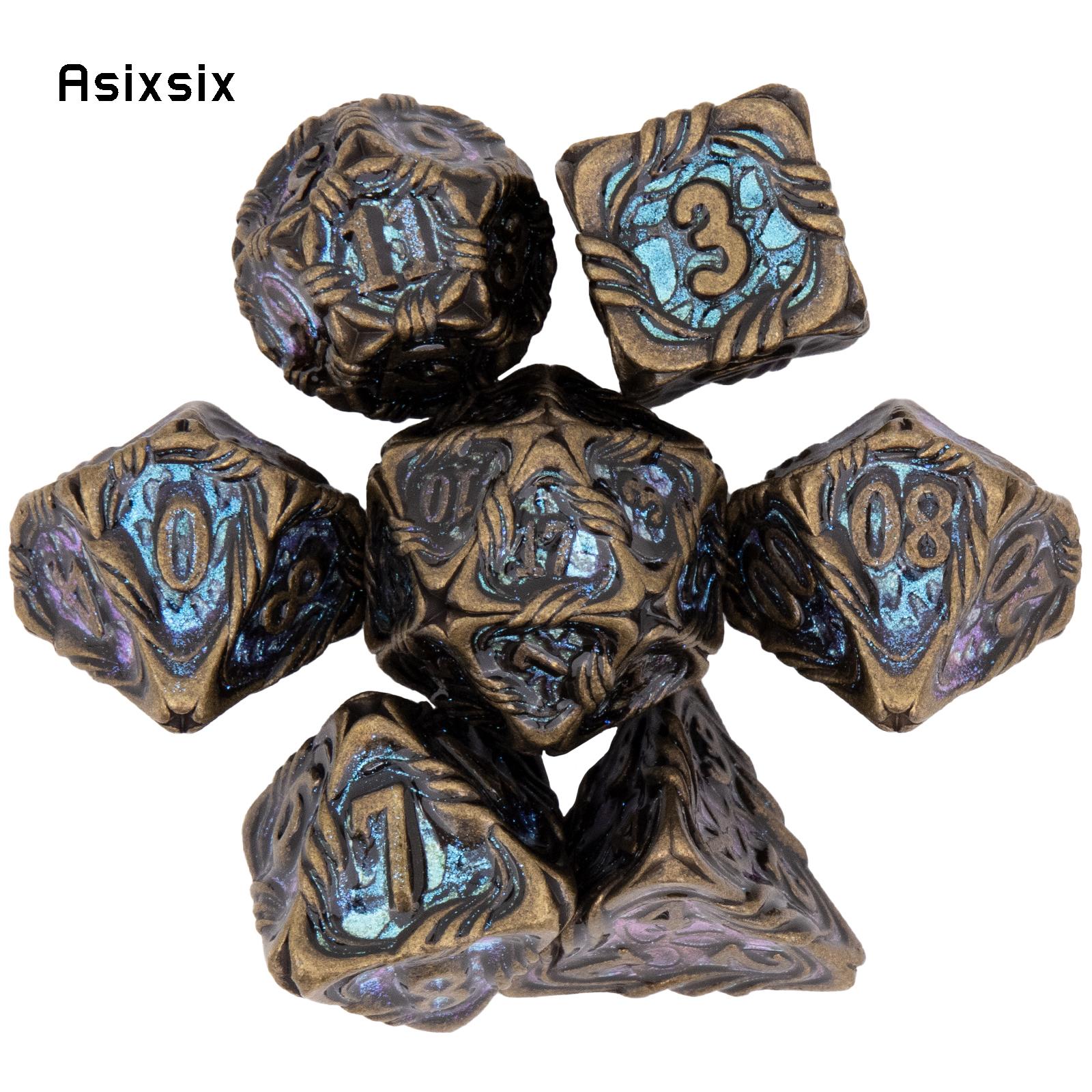 7 Pcs Yellow Blue Tree Vine Metal Dice Solid Metal Polyhedral Dice Set Suitable for Role-Playing RPG Board Game Dice RPG