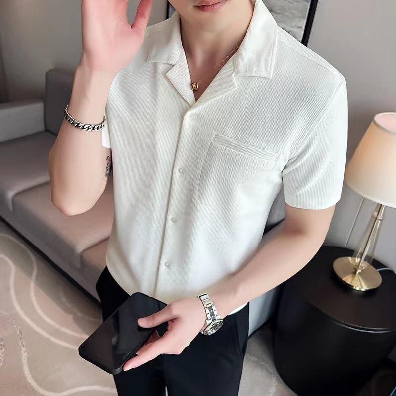 Men's Ice Silk Waffle Cuban Collar Short Sleeve Shirt - Lightweight Summer Casual Top