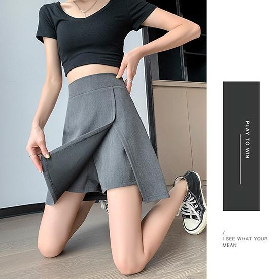 Polodlouhá sukně skládaná sukně, letní dámská sukně v áčkovém střihu, štíhlá a mírně baculatá, rozdělená krátká sukně, velký pas s vysokým pasem, černé zabalené hýždě