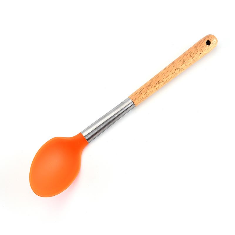 Durable Wooden Handle Silicone Kitchenware 7-Piece Set: Non-Stick Spatula & Spoon