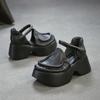 Johnature Sandales en Cuir Véritable à Semelles Épaisses Bout Rond Rétro Talon Épais Chaussures Plateformes pour Femmes