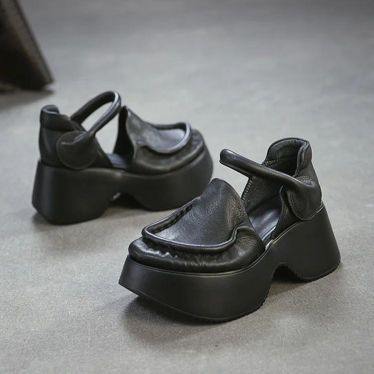 Johnature Sandales en Cuir Véritable à Semelles Épaisses Bout Rond Rétro Talon Épais Chaussures Plateformes pour Femmes