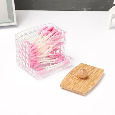 Scatola porta cotton fioc in acrilico con coperchio in legno - Organizzatore trasparente in stile europeo per cosmetici e cotton fioc