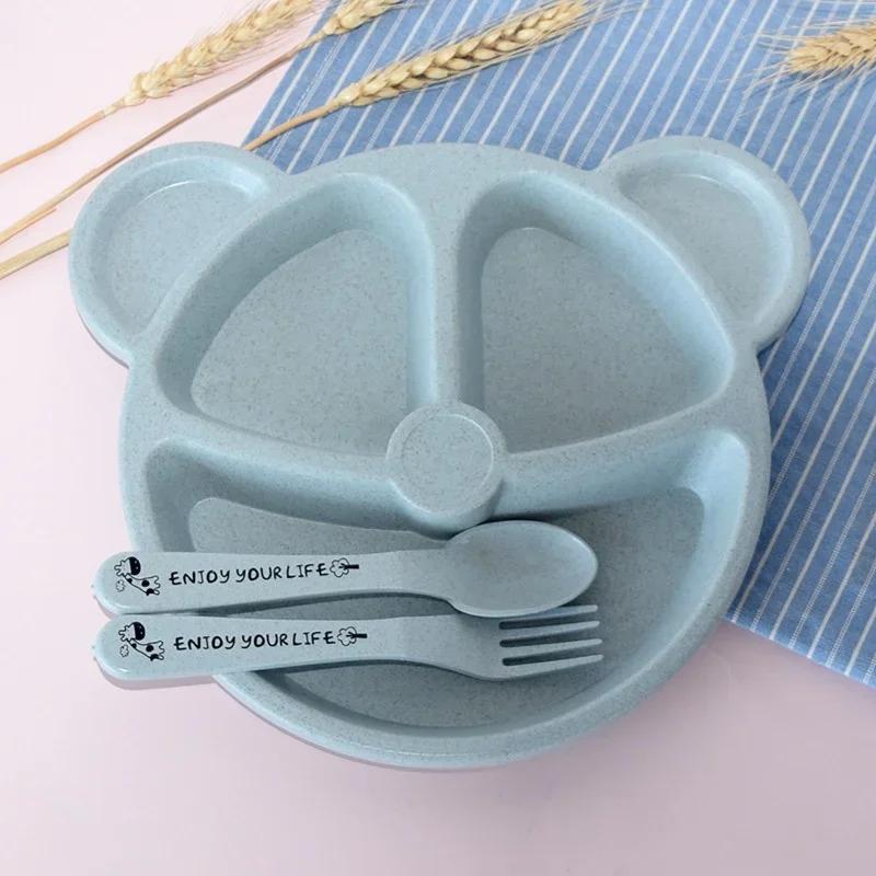 

3Pcs/set Wheat Straw Cartoon Children s Tableware Sturdy And Wear-resistant Baby Feeding Tray Training Bowl Spoon Fork Tableware синій