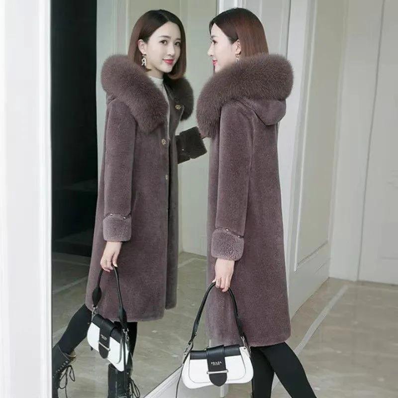Wool Collar Sheep Shearing Fur Coat for Women Lamb Fur Fur One-piece Fur Coat for Women Medium To Long Style