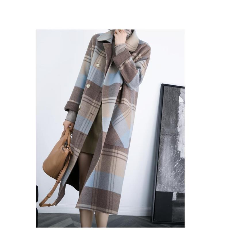 Tooxika Plaid Woolen Coat Winter New Style Over Knee Double-breasted Large Pockets Loose Mid-length Coat