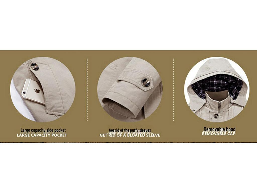 Herren-Windbreaker aus gewaschener Baumwolle, europäische Größe: Mittellange Freizeitjacke für Herbst/Winter