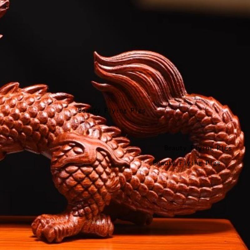 1pc Solid Wood Dragon Ornament Woodcraft Carving Ornaments Home Decoration Chinese Style Zodiac Dragon Statue Simulated Animals
