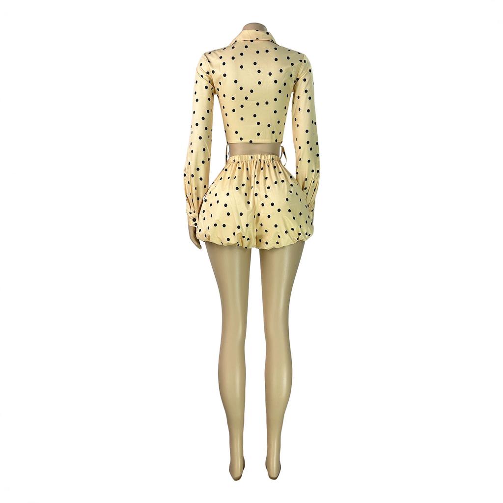 Women 2 Piece Outfits Lapel Long Sleeve Polka Dot Crop Top Drawstring Shorts Set Elegant Casual Pearl Chain Matching Set