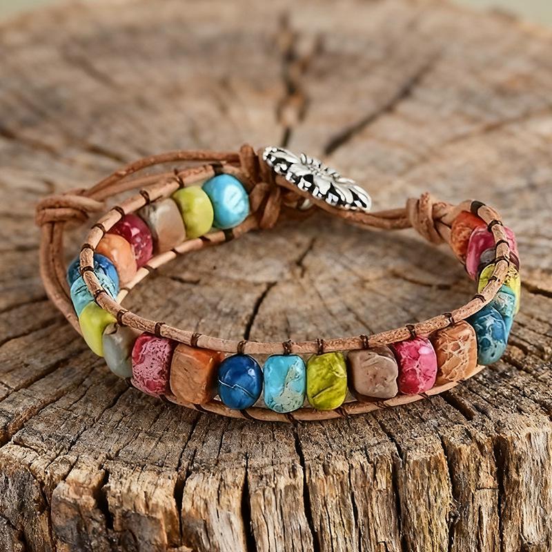 Freeform Shoushan Stone 5x7 Emperor Leather Woven Bohemian Bracelet