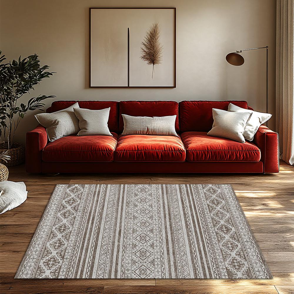 Beige Bohemian Area Rug, Floral Pattern Non-Slip Carpet, Natural Living Room Mat for Cozy Home Decor