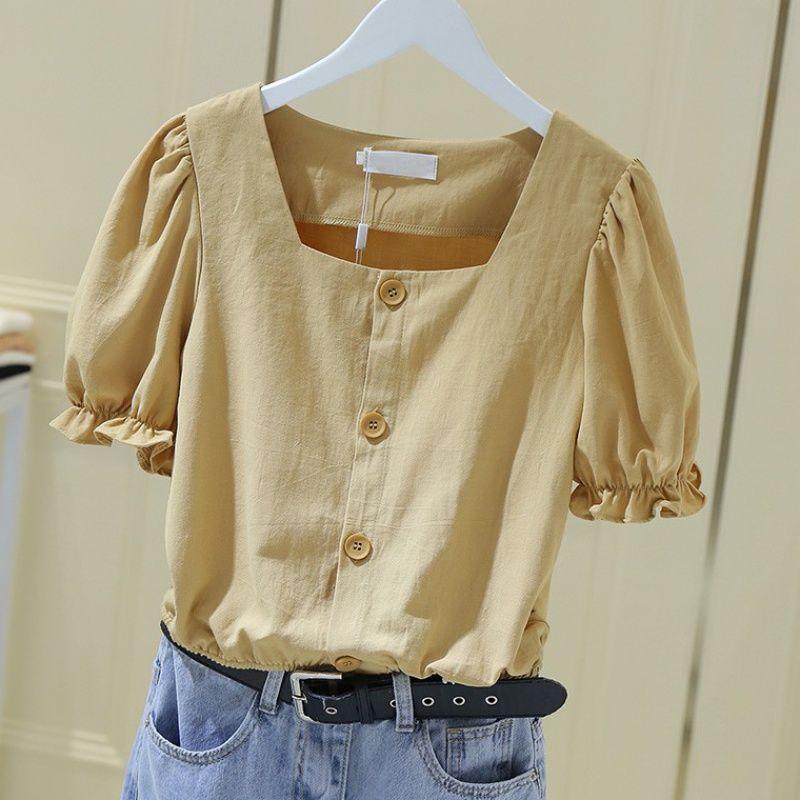 WTEMPO Brand Summer Square Neck French Women's Short Sleeve Shirt Short Loose Bubble Sleeve Waist Waist Exposed Collar Slim Top