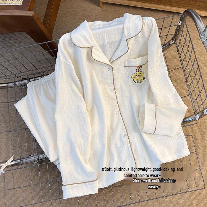 Women's Spring & Autumn Cloud Cotton Pajama Set - Thin Print & Embroidery, Loose Fit, Long Sleeve & Pants Home Wear.
