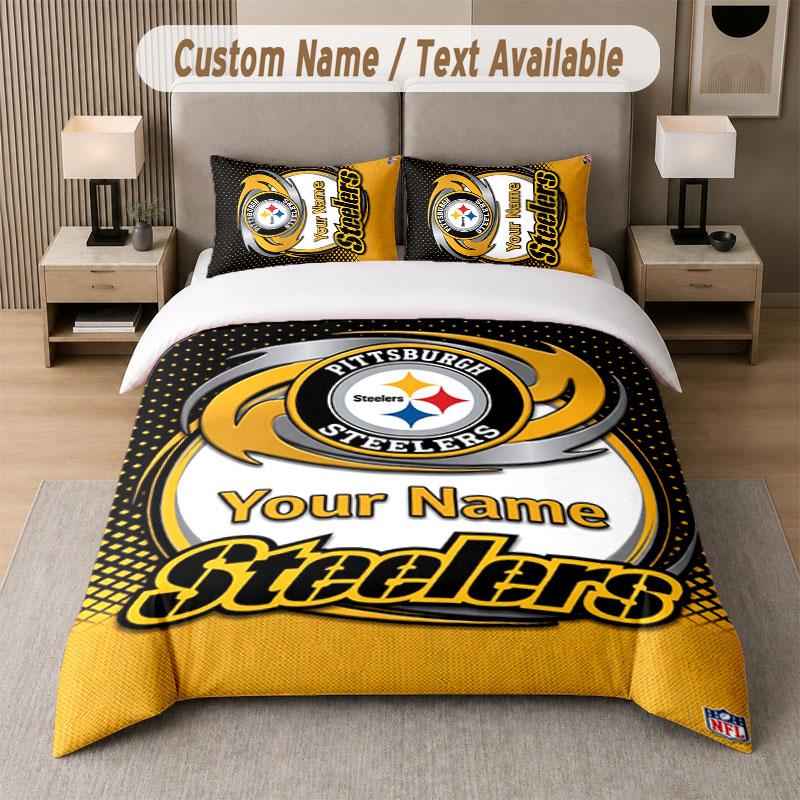 Custom Bedding Set Pittsburgh Steelers Pattern, Print Name Text 1 Duvet Cover Plus 2 Pillowcases Home Textile