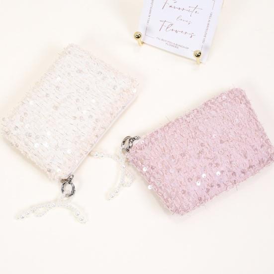 Sequined Cosmetic Bag Girls Stylish Glittery Clutch Makeup Bag with Faux Pearl Bow Zipper Puller Portable Travel Toiletry Organizer for