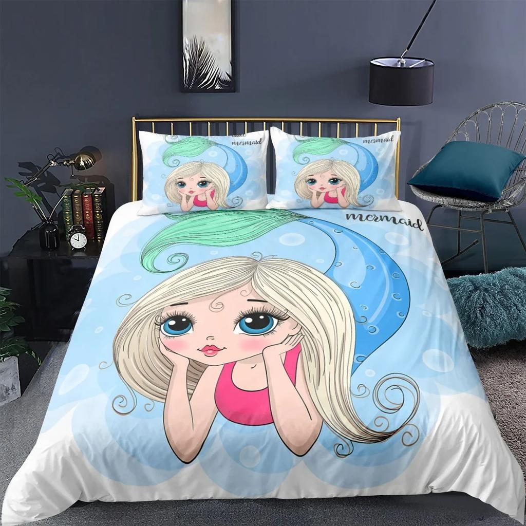Mermaid Duvet Cover King Queen Cute Cartoon Fairy Tale Sea Creature Bedding Set Fish Scale Girly 2/3pcs Polyester Quilt Cover
