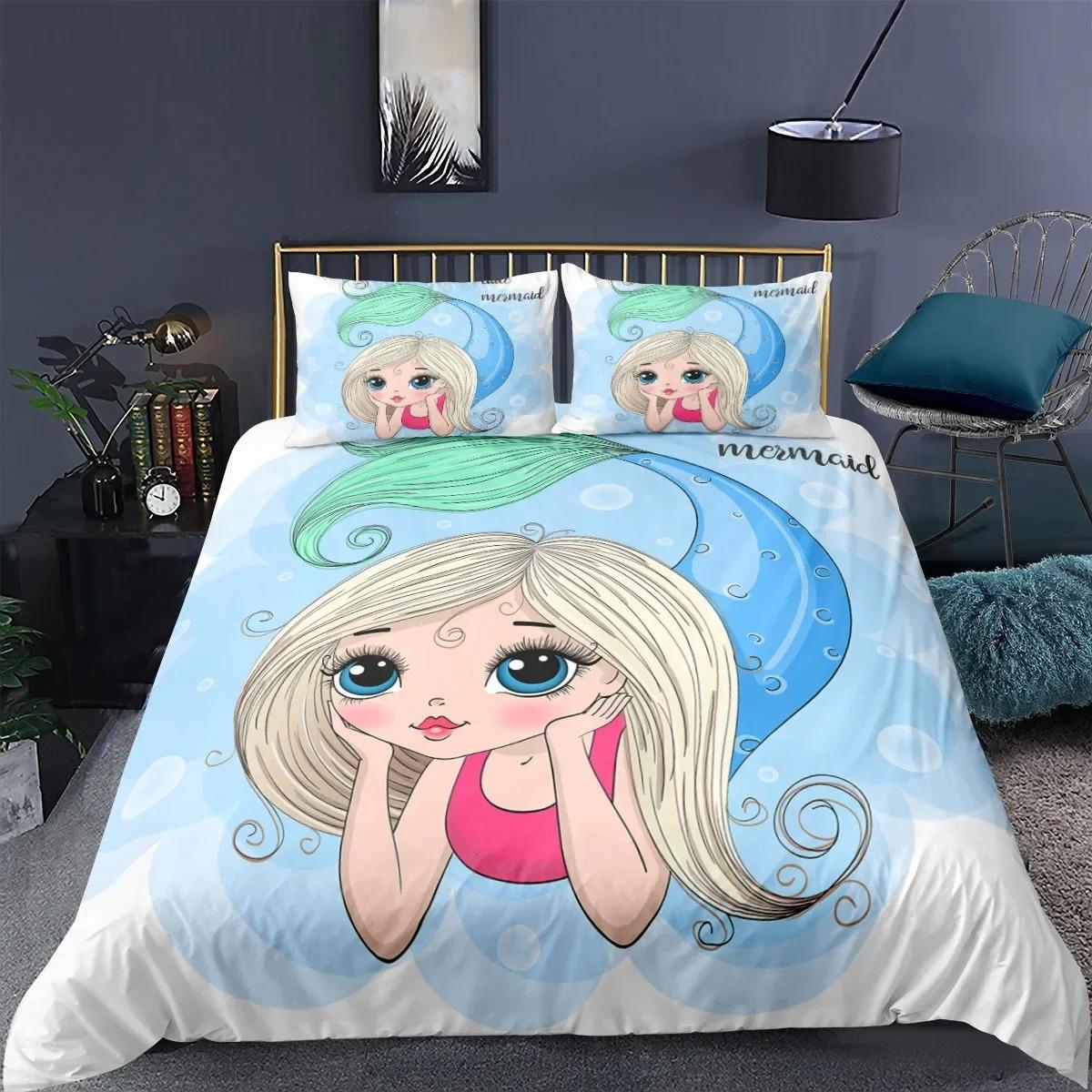 

Mermaid Duvet Cover King Queen Cute Cartoon Fairy Tale Sea Creature Bedding Set Fish Scale Girly 2 3pcs Polyester 135X200cm-2pcs