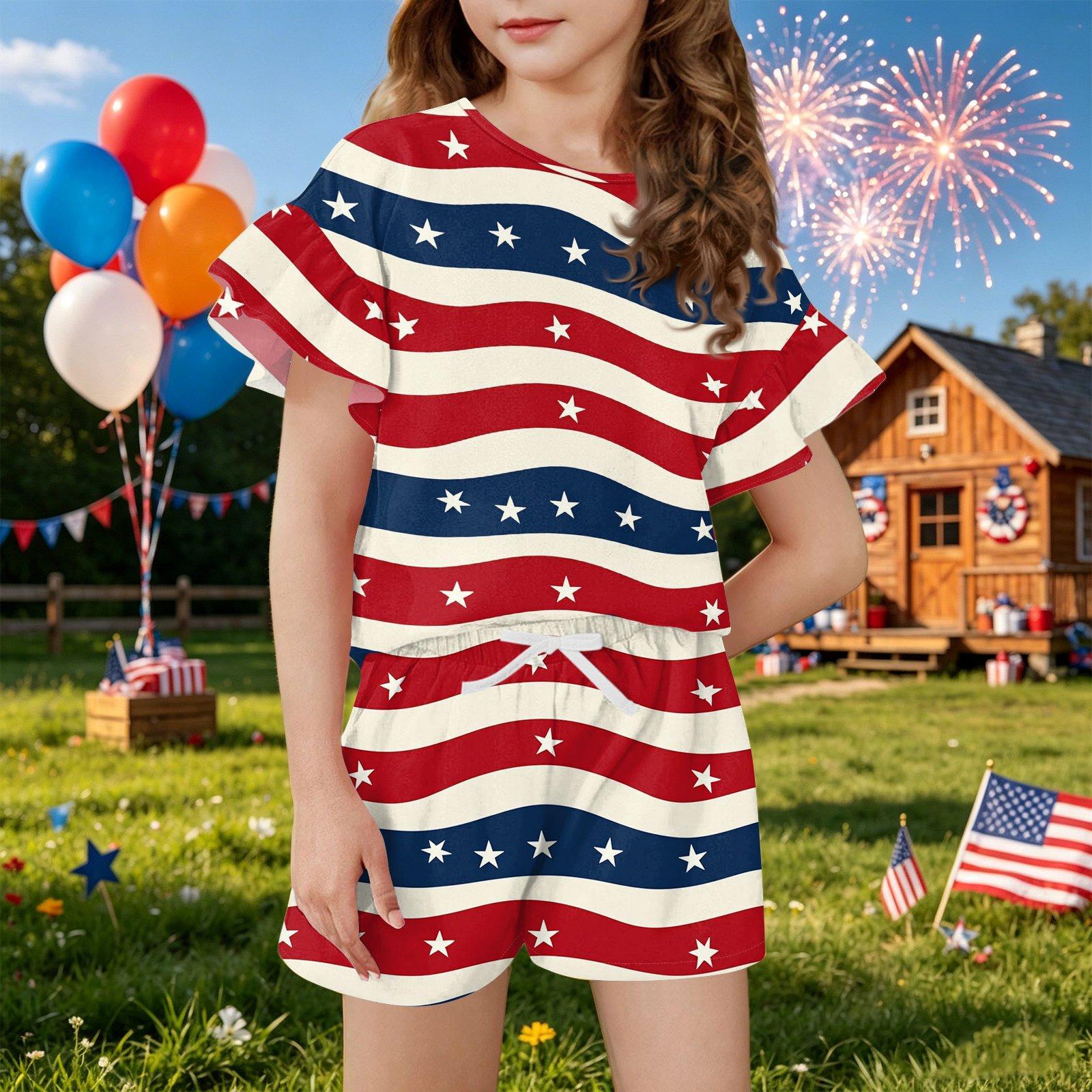 Girls Short Sleeve Top and Shorts Set Two Piece Outfit Stars and Stripes Print Lightweight Summer Clothes 120 бежевый